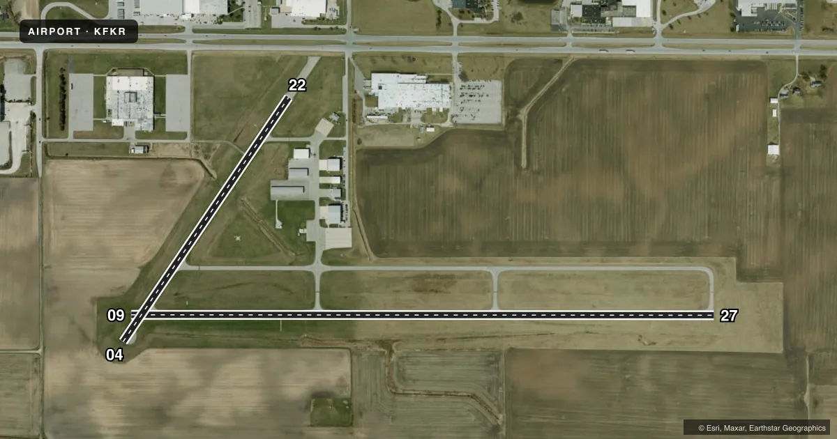 Top-down satellite sketch of KFKR FRANKFORT CLINTON COUNTY RGNL in FRANKFORT, INDIANA, showing runways 09/27, 04/22 drawn to scale over Esri World Imagery