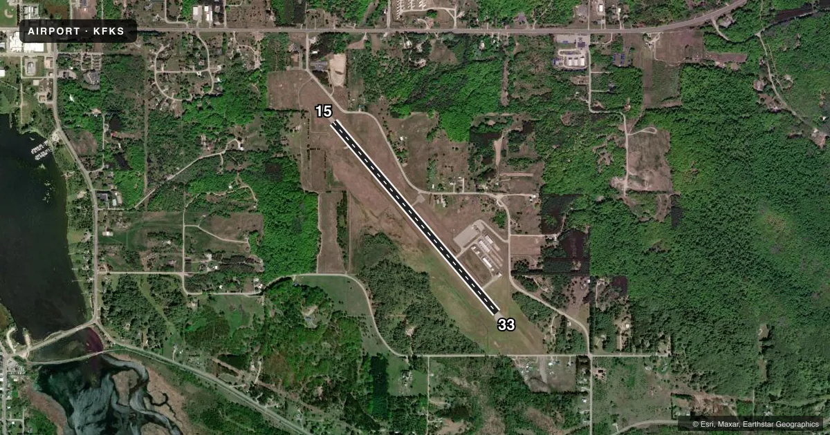 Top-down satellite sketch of KFKS FRANKFORT DOW MEML FLD in FRANKFORT, MICHIGAN, showing runways 15/33 drawn to scale over Esri World Imagery