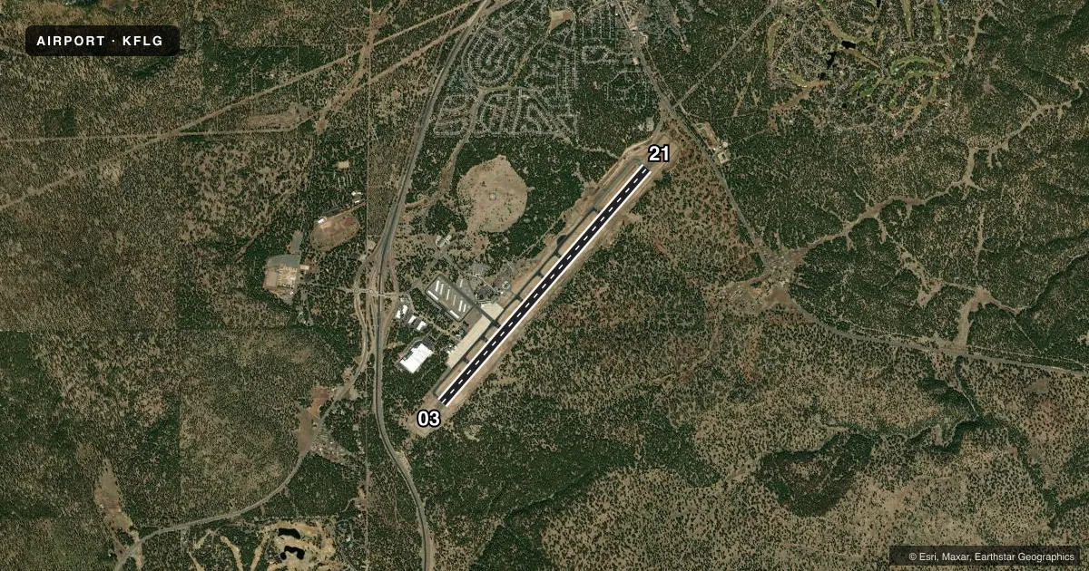 Top-down satellite sketch of KFLG FLAGSTAFF PULLIAM in FLAGSTAFF, ARIZONA, showing runways 03/21 drawn to scale over Esri World Imagery