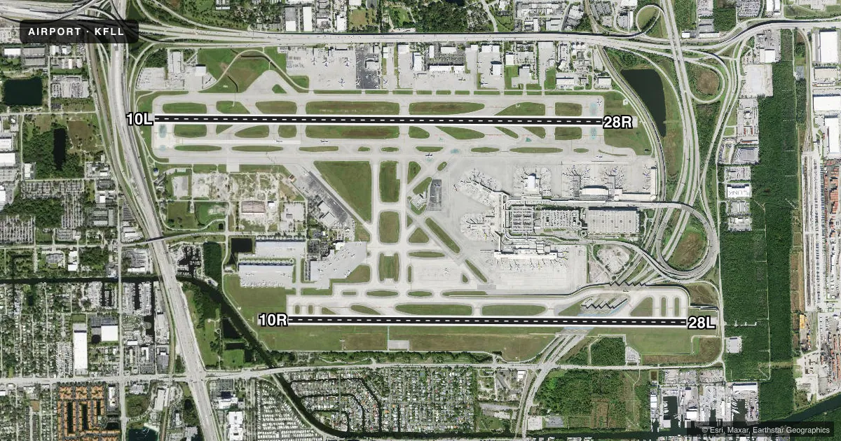 Top-down satellite sketch of KFLL FORT LAUDERDALE/HOLLYWOOD INTL in FORT LAUDERDALE, FLORIDA, showing runways 10L/28R, 10R/28L drawn to scale over Esri World Imagery