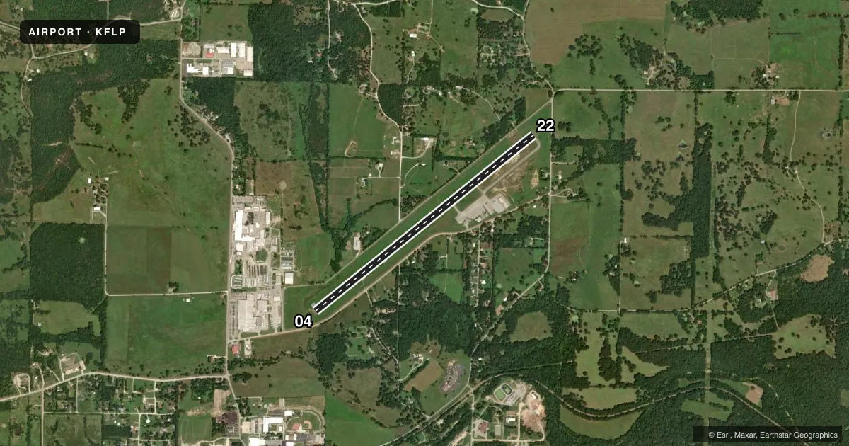 Top-down satellite sketch of KFLP MARION COUNTY RGNL in FLIPPIN, ARKANSAS, showing runways 04/22 drawn to scale over Esri World Imagery