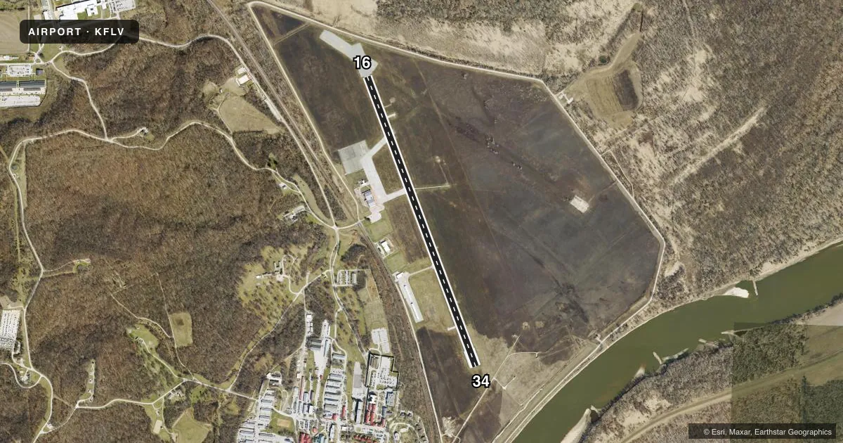 Top-down satellite sketch of KFLV SHERMAN AAF in FORT LEAVENWORTH, KANSAS, showing runways 16/34 drawn to scale over Esri World Imagery