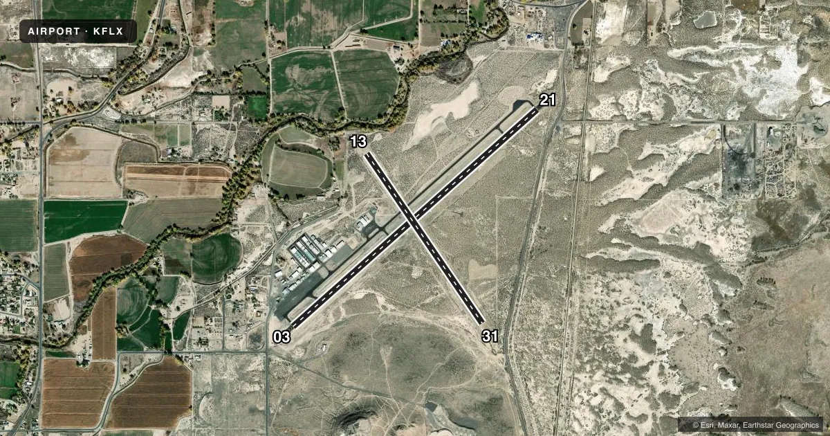 Top-down satellite sketch of KFLX FALLON MUNI in FALLON, NEVADA, showing runways 03/21, 13/31 drawn to scale over Esri World Imagery