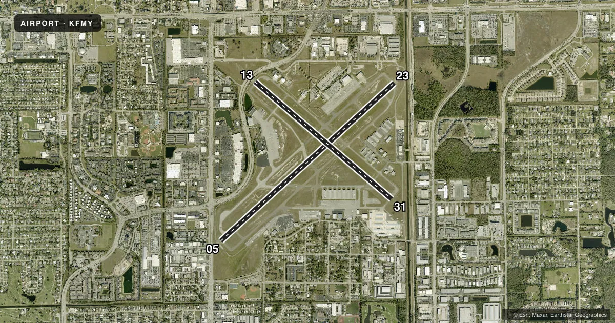 Top-down satellite sketch of KFMY PAGE FLD in FORT MYERS, FLORIDA, showing runways 05/23, 13/31 drawn to scale over Esri World Imagery