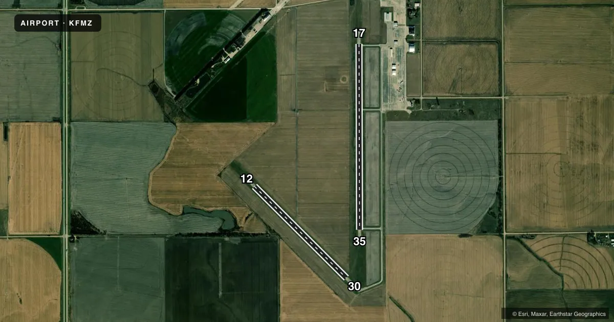 Top-down satellite sketch of KFMZ FAIRMONT STATE in FAIRMONT, NEBRASKA, showing runways 17/35, 12/30 drawn to scale over Esri World Imagery