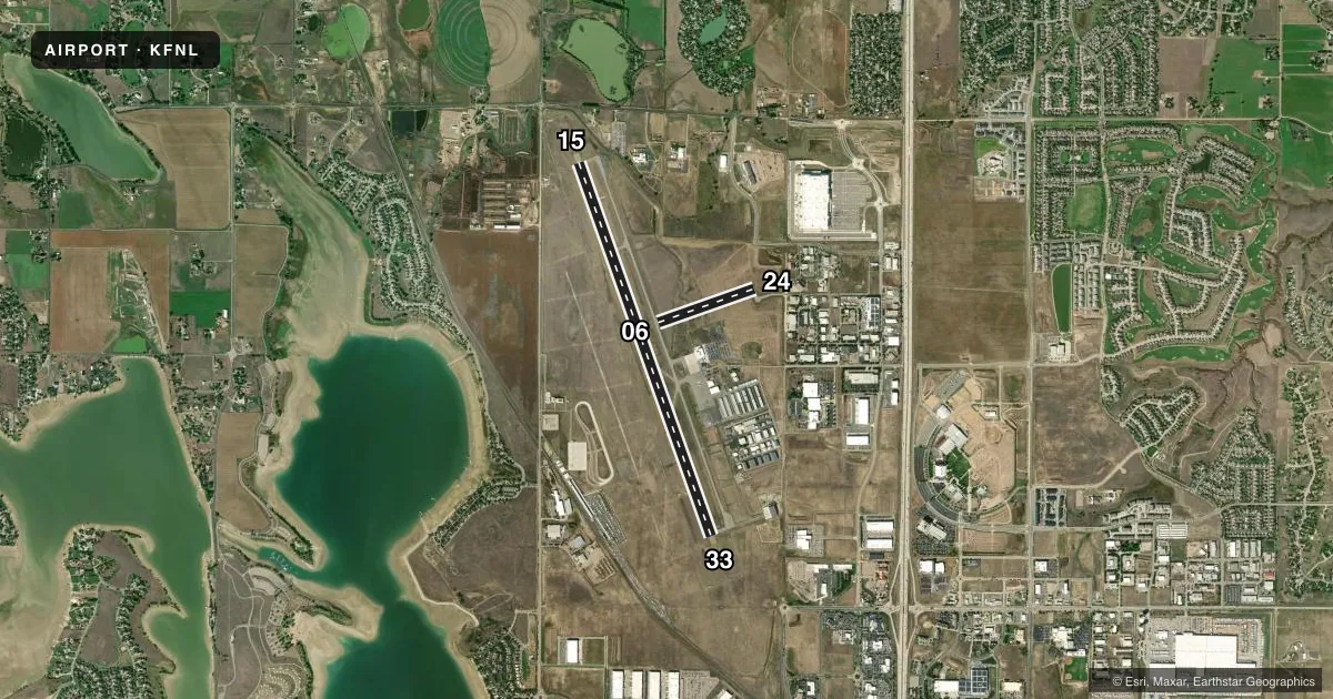 Top-down satellite sketch of KFNL NORTHERN COLORADO RGNL in FORT COLLINS/LOVELAND, COLORADO, showing runways 15/33, 06/24 drawn to scale over Esri World Imagery