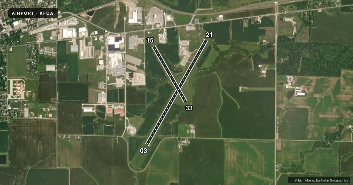 Top-down satellite sketch of KFOA FLORA MUNI in FLORA, ILLINOIS, showing runways 03/21, 15/33 drawn to scale over Esri World Imagery