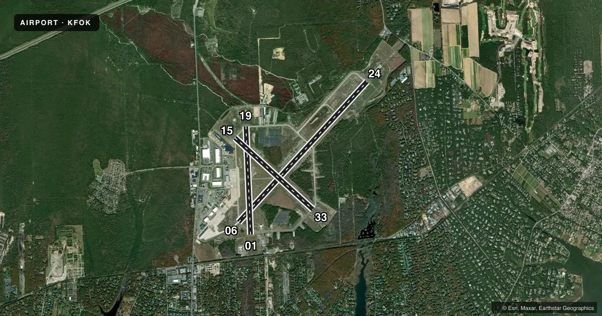 Top-down satellite sketch of KFOK FRANCIS S GABRESKI in WESTHAMPTON BEACH, NEW YORK, showing runways 06/24, 01/19, 15/33 drawn to scale over Esri World Imagery