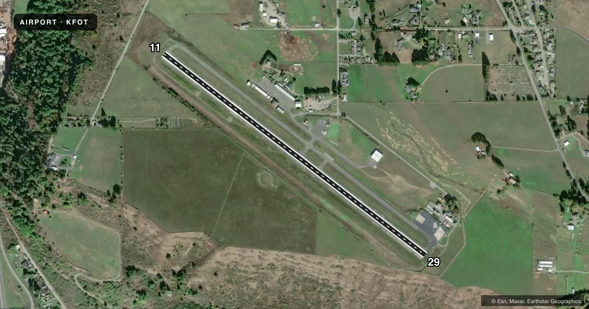 Top-down satellite sketch of KFOT ROHNERVILLE in FORTUNA, CALIFORNIA, showing runways 11/29 drawn to scale over Esri World Imagery