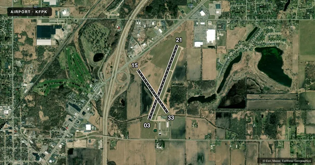 Top-down satellite sketch of KFPK FITCH H BEACH in CHARLOTTE, MICHIGAN, showing runways 03/21, 15/33 drawn to scale over Esri World Imagery