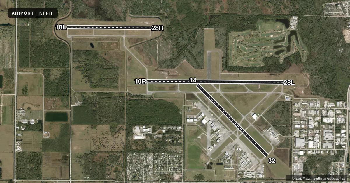 Top-down satellite sketch of KFPR TREASURE COAST INTL in FORT PIERCE, FLORIDA, showing runways 10R/28L, 14/32, 10L/28R drawn to scale over Esri World Imagery