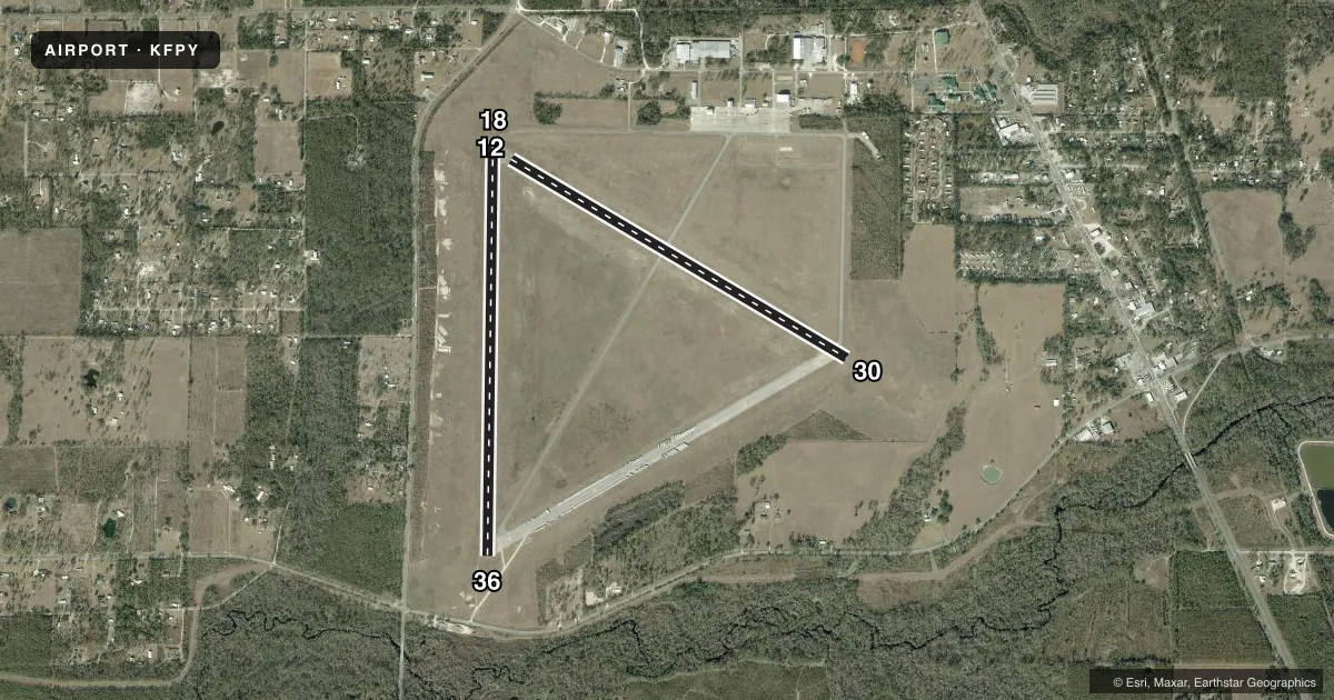 Top-down satellite sketch of KFPY PERRY-FOLEY in PERRY, FLORIDA, showing runways 18/36, 12/30 drawn to scale over Esri World Imagery