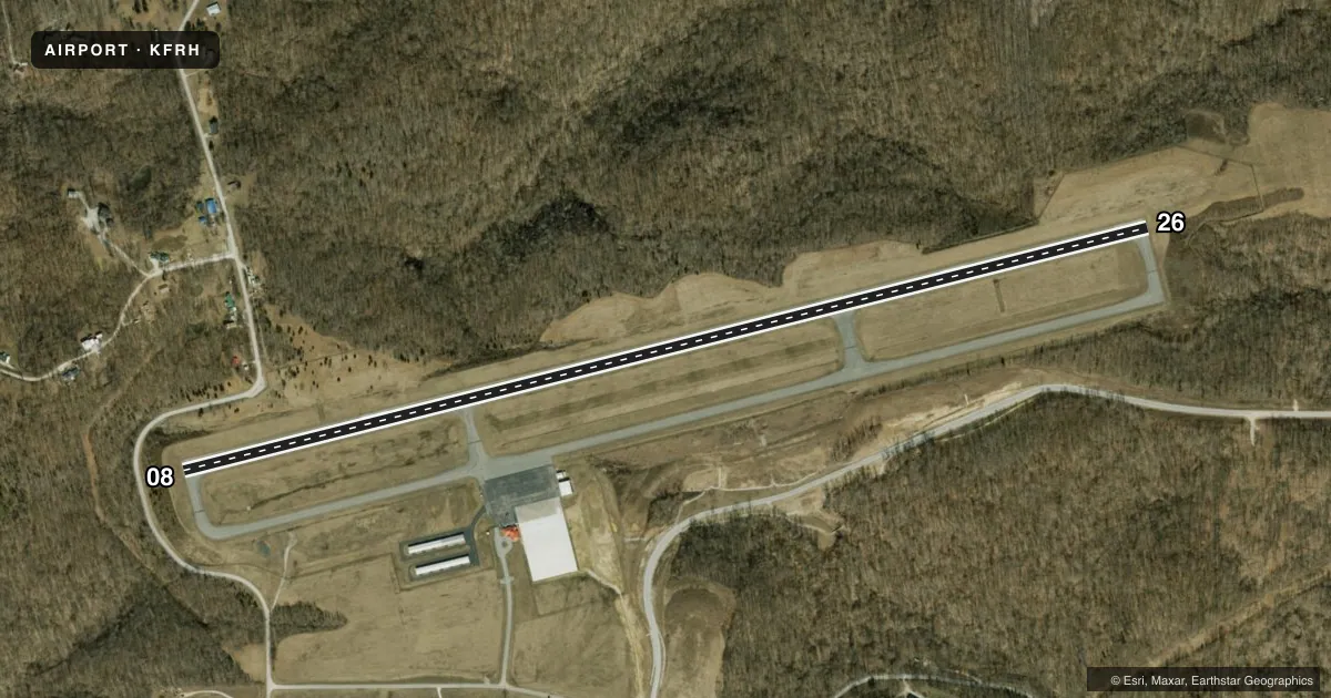 Top-down satellite sketch of KFRH FRENCH LICK MUNI in FRENCH LICK, INDIANA, showing runways 08/26 drawn to scale over Esri World Imagery