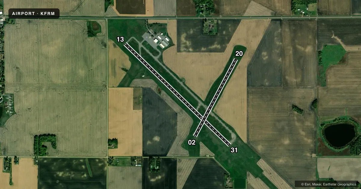 Top-down satellite sketch of KFRM FAIRMONT MUNI in FAIRMONT, MINNESOTA, showing runways 13/31, 02/20 drawn to scale over Esri World Imagery
