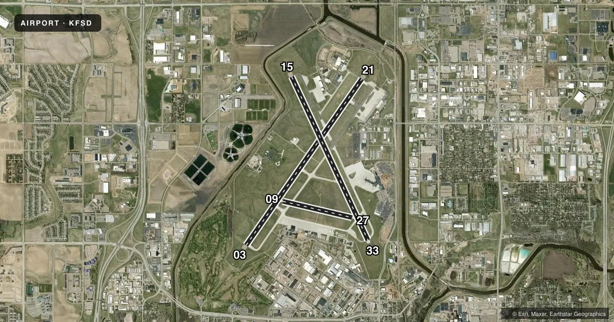 Top-down satellite sketch of KFSD JOE FOSS FLD in SIOUX FALLS, SOUTH DAKOTA, showing runways 03/21, 15/33, 09/27 drawn to scale over Esri World Imagery