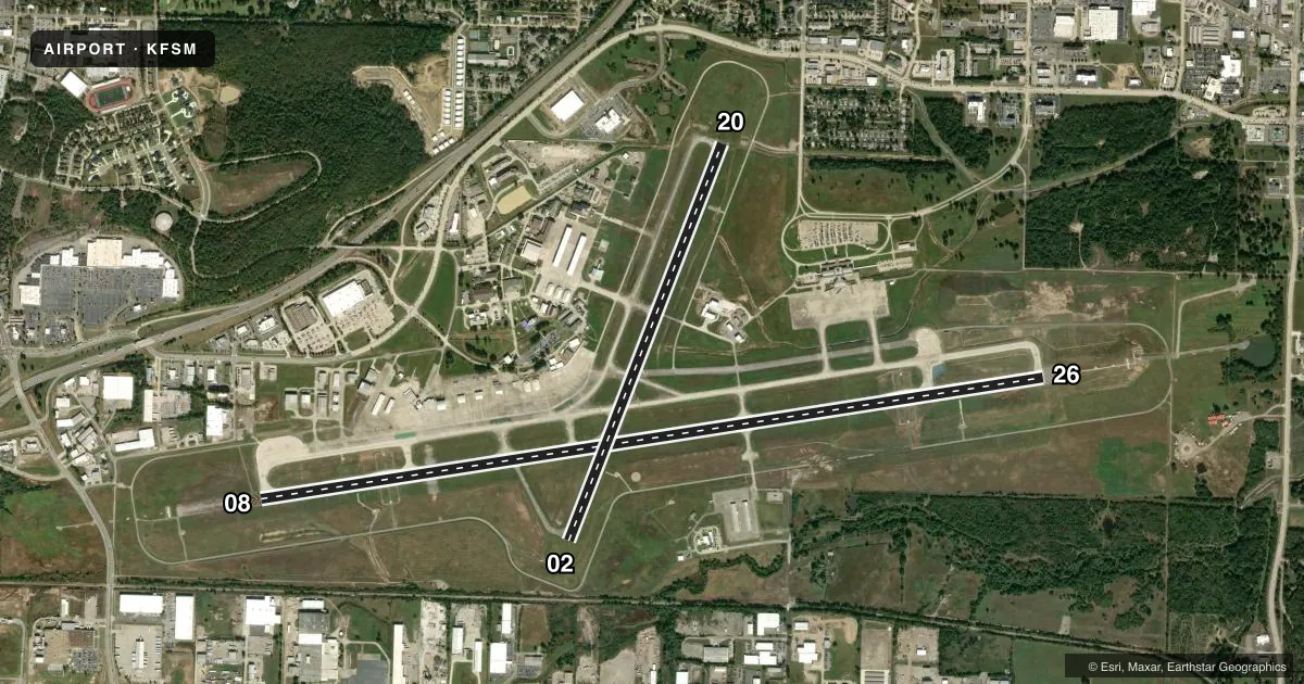 Top-down satellite sketch of KFSM FORT SMITH RGNL in FORT SMITH, ARKANSAS, showing runways 08/26, 02/20 drawn to scale over Esri World Imagery