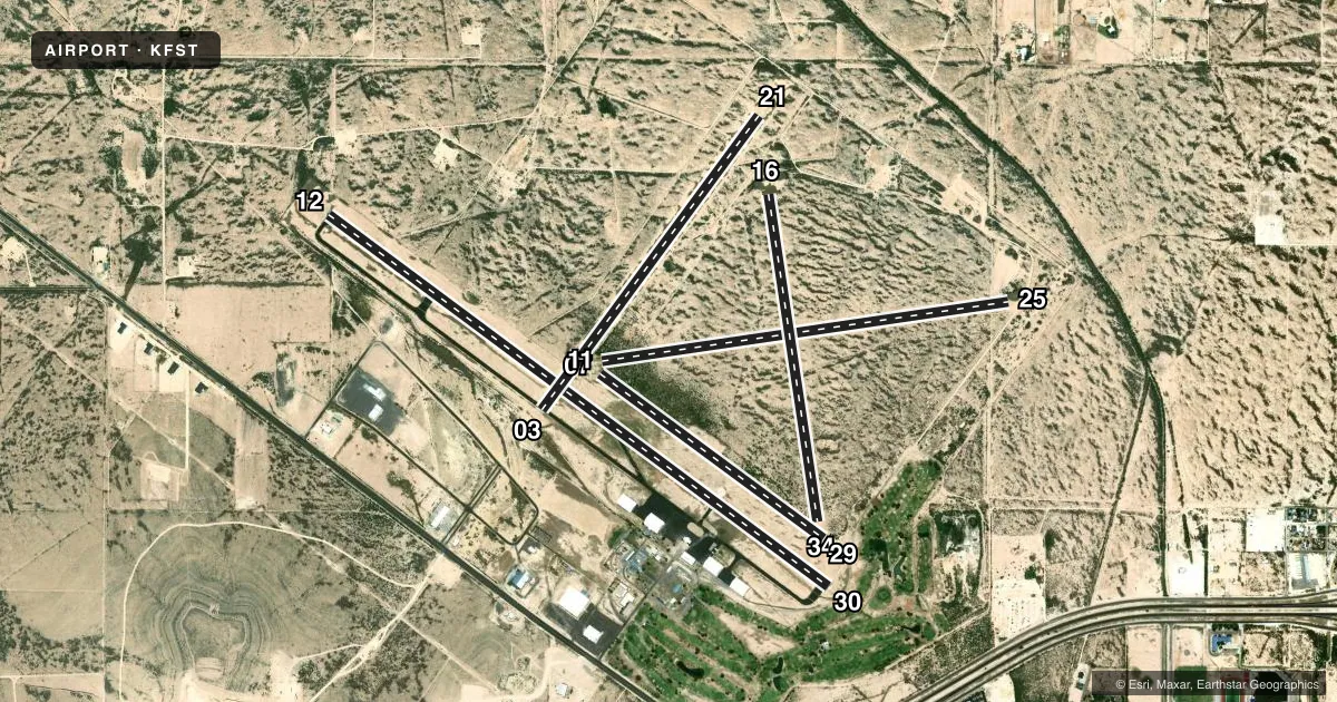 Top-down satellite sketch of KFST FORT STOCKTON-PECOS COUNTY in FORT STOCKTON, TEXAS, showing runways 12/30, 07/25, 03/21, 16/34, 11/29 drawn to scale over Esri World Imagery