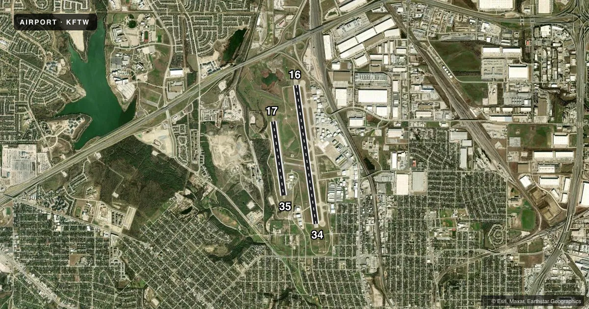 Top-down satellite sketch of KFTW FORT WORTH MEACHAM INTL in FORT WORTH, TEXAS, showing runways 16/34, 17/35 drawn to scale over Esri World Imagery