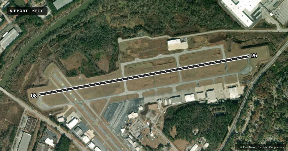 Top-down satellite sketch of KFTY FULTON COUNTY EXEC/CHARLIE BROWN FLD in ATLANTA, GEORGIA, showing runways 08/26 drawn to scale over Esri World Imagery