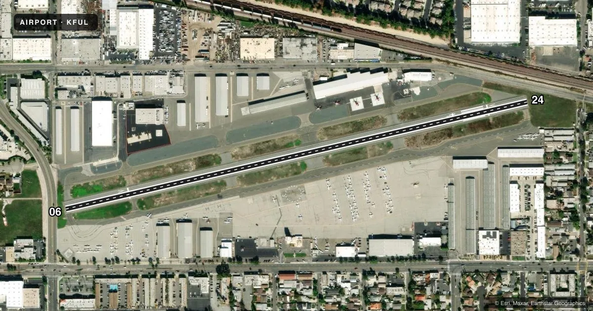 Top-down satellite sketch of KFUL FULLERTON MUNI in FULLERTON, CALIFORNIA, showing runways 06/24 drawn to scale over Esri World Imagery