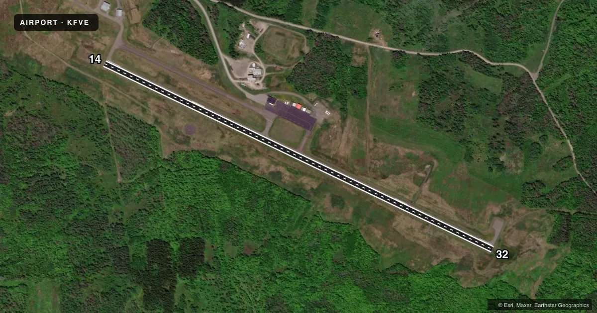 Top-down satellite sketch of KFVE NORTHERN AROOSTOOK RGNL in FRENCHVILLE, MAINE, showing runways 14/32 drawn to scale over Esri World Imagery