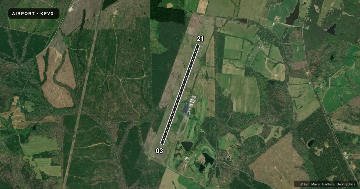 Top-down satellite sketch of KFVX FARMVILLE RGNL in FARMVILLE, VIRGINIA, showing runways 03/21 drawn to scale over Esri World Imagery