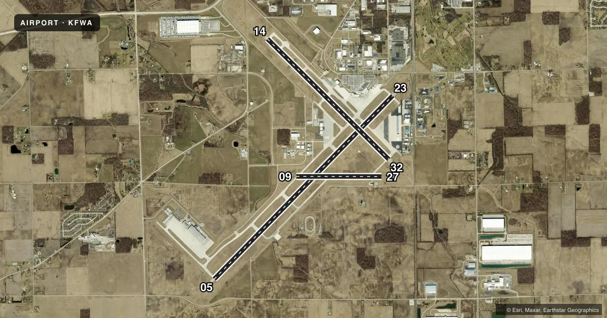Top-down satellite sketch of KFWA FORT WAYNE INTL in FORT WAYNE, INDIANA, showing runways 05/23, 14/32, 09/27 drawn to scale over Esri World Imagery