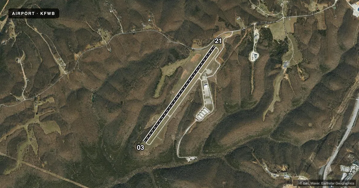 Top-down satellite sketch of KFWB BRANSON WEST MUNI/EMERSON FLD in BRANSON WEST, MISSOURI, showing runways 03/21 drawn to scale over Esri World Imagery