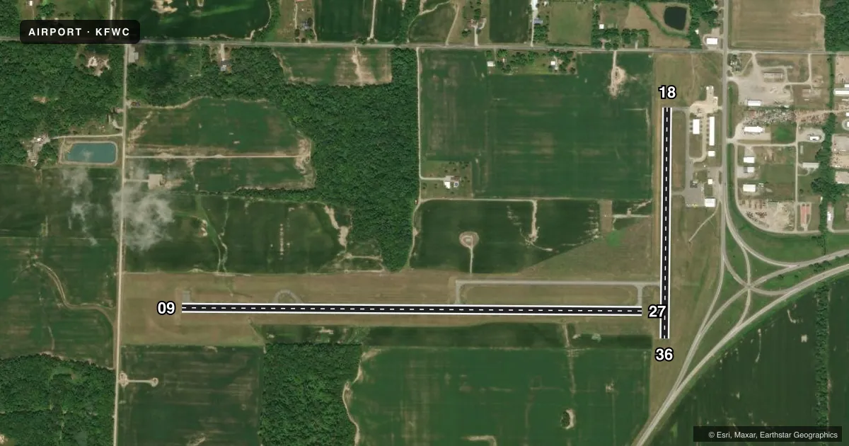 Top-down satellite sketch of KFWC FAIRFIELD MUNI in FAIRFIELD, ILLINOIS, showing runways 09/27, 18/36 drawn to scale over Esri World Imagery
