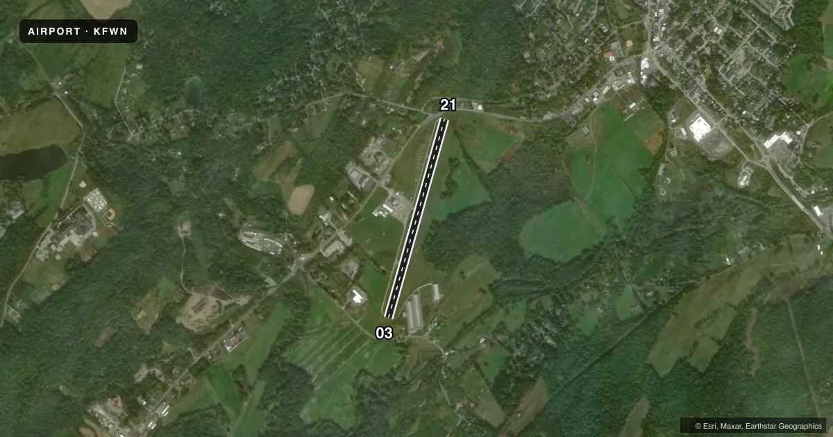 Top-down satellite sketch of KFWN SUSSEX in SUSSEX, NEW JERSEY, showing runways 03/21 drawn to scale over Esri World Imagery