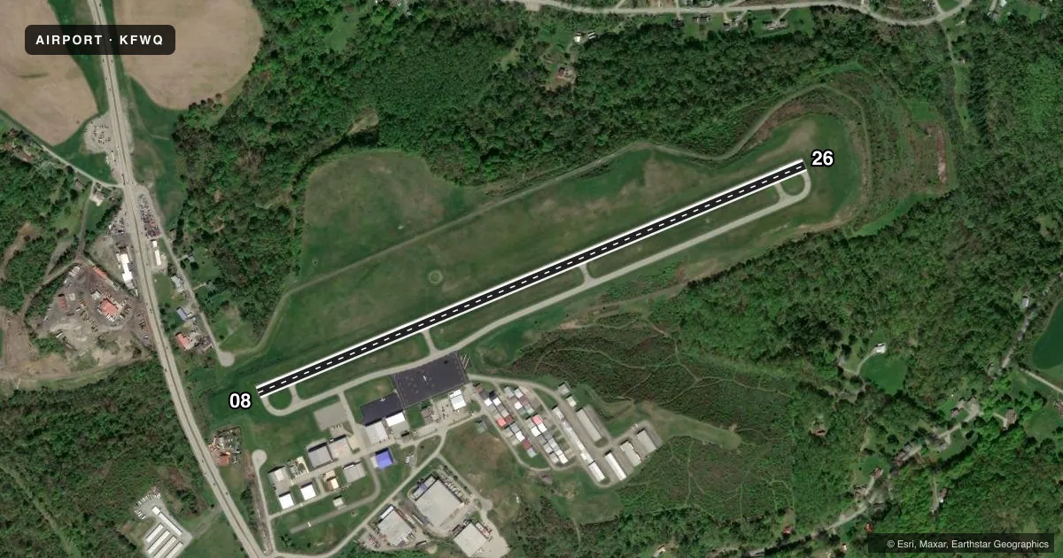 Top-down satellite sketch of KFWQ ROSTRAVER in MONONGAHELA, PENNSYLVANIA, showing runways 08/26 drawn to scale over Esri World Imagery