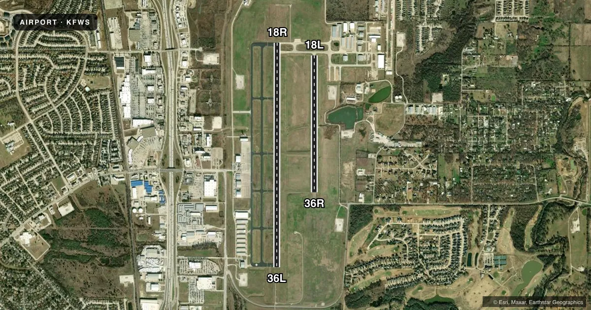 Top-down satellite sketch of KFWS FORT WORTH SPINKS in FORT WORTH, TEXAS, showing runways 18R/36L, 18L/36R drawn to scale over Esri World Imagery