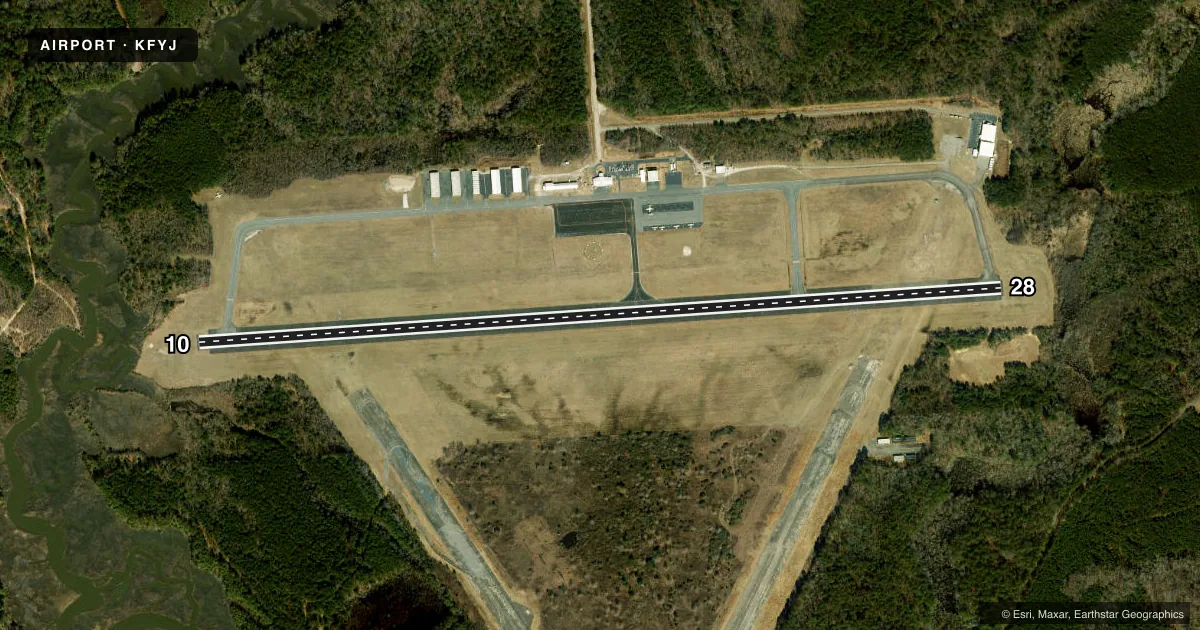 Top-down satellite sketch of KFYJ MIDDLE PENINSULA RGNL in WEST POINT, VIRGINIA, showing runways 10/28 drawn to scale over Esri World Imagery