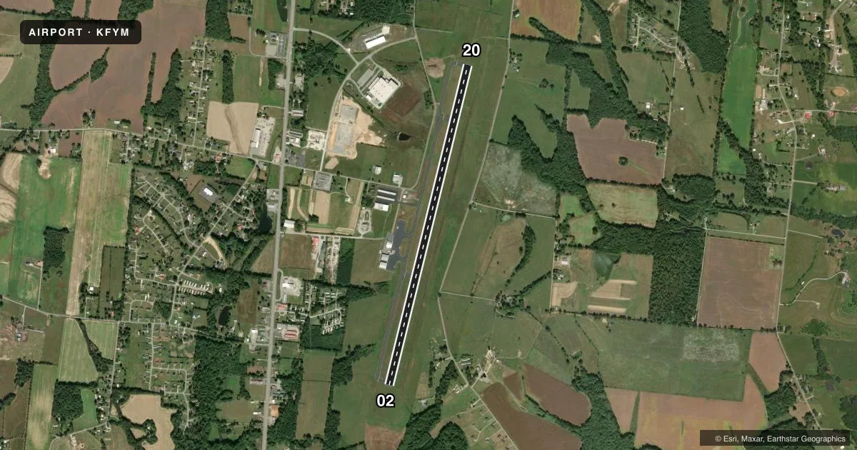 Top-down satellite sketch of KFYM FAYETTEVILLE MUNI in FAYETTEVILLE, TENNESSEE, showing runways 02/20 drawn to scale over Esri World Imagery