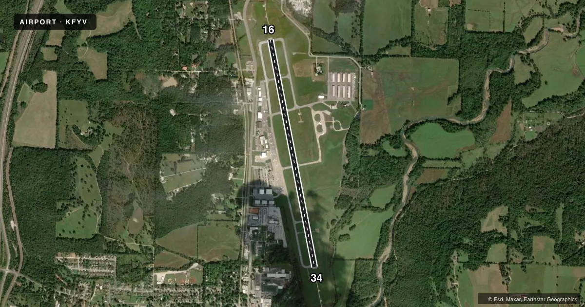 Top-down satellite sketch of KFYV DRAKE FLD in FAYETTEVILLE, ARKANSAS, showing runways 16/34 drawn to scale over Esri World Imagery