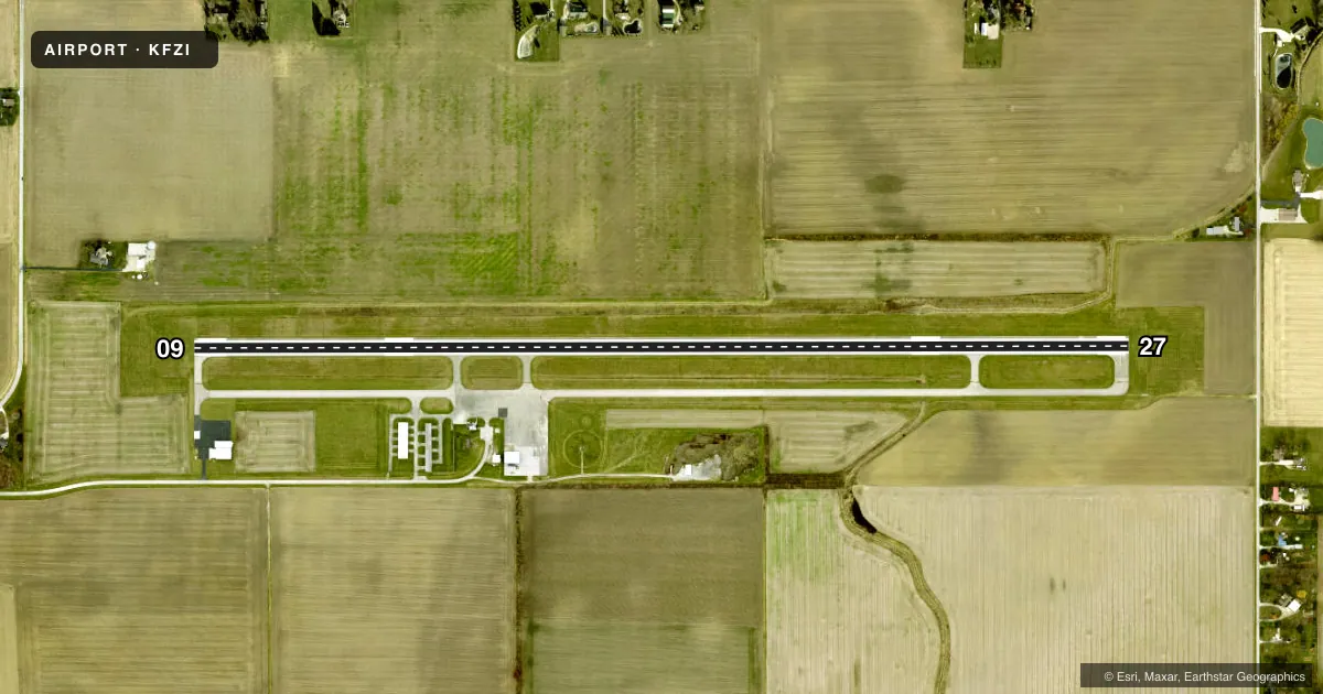 Top-down satellite sketch of KFZI DONALD P MILLER in FOSTORIA, OHIO, showing runways 09/27 drawn to scale over Esri World Imagery