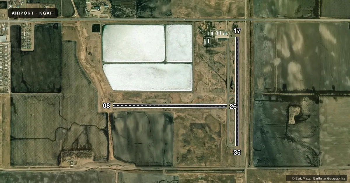 Top-down satellite sketch of KGAF HUTSON FLD in GRAFTON, NORTH DAKOTA, showing runways 08/26, 17/35 drawn to scale over Esri World Imagery