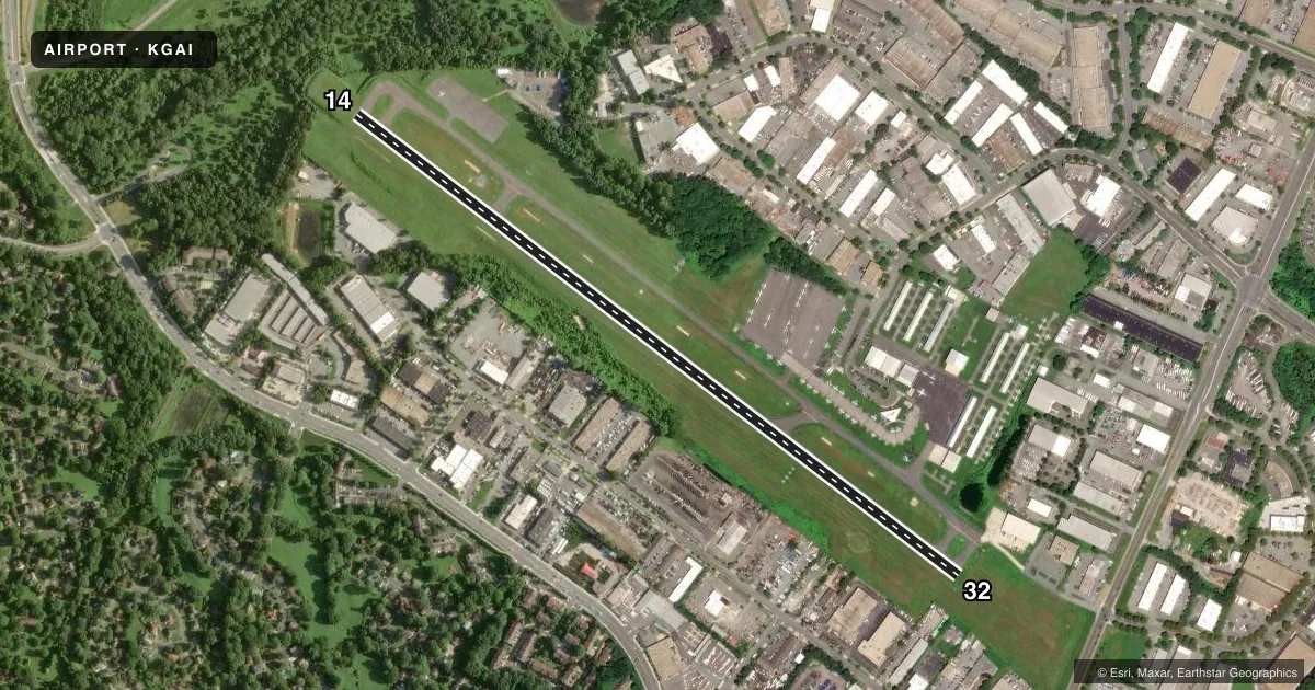 Top-down satellite sketch of KGAI MONTGOMERY COUNTY AIRPARK in GAITHERSBURG, MARYLAND, showing runways 14/32 drawn to scale over Esri World Imagery