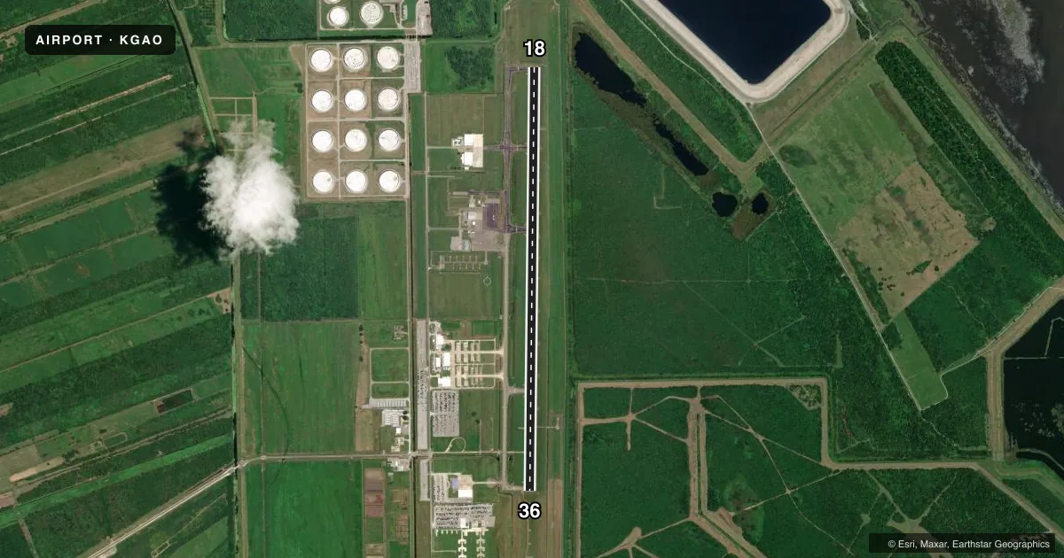 Top-down satellite sketch of KGAO SOUTH LAFOURCHE LEONARD MILLER JR in GALLIANO, LOUISIANA, showing runways 18/36 drawn to scale over Esri World Imagery