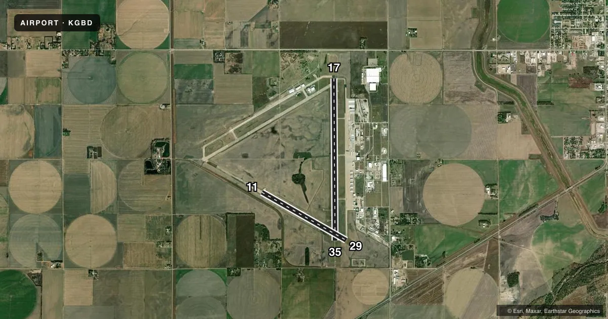 Top-down satellite sketch of KGBD GREAT BEND MUNI in GREAT BEND, KANSAS, showing runways 17/35, 11/29 drawn to scale over Esri World Imagery