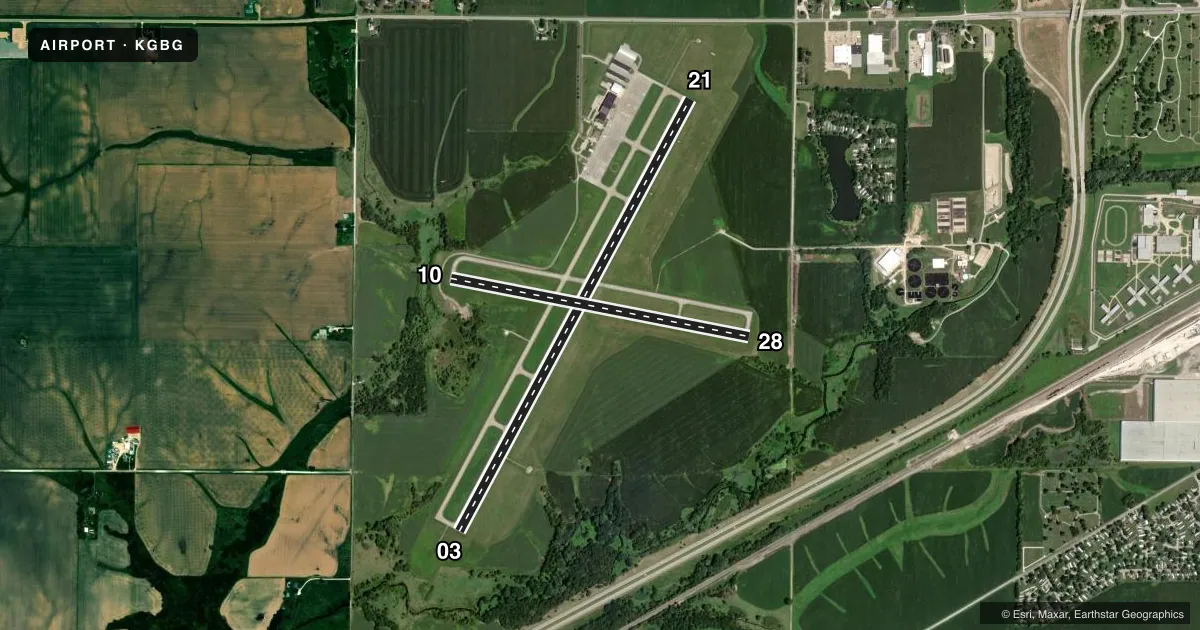 Top-down satellite sketch of KGBG HARREL W TIMMONS GALESBURG RGNL in GALESBURG, ILLINOIS, showing runways 03/21, 10/28 drawn to scale over Esri World Imagery