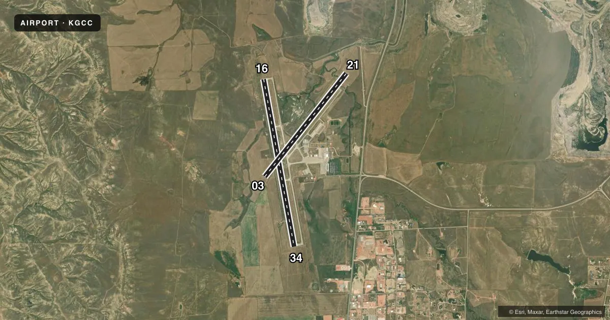 Top-down satellite sketch of KGCC NORTHEAST WYOMING RGNL in GILLETTE, WYOMING, showing runways 16/34, 03/21 drawn to scale over Esri World Imagery