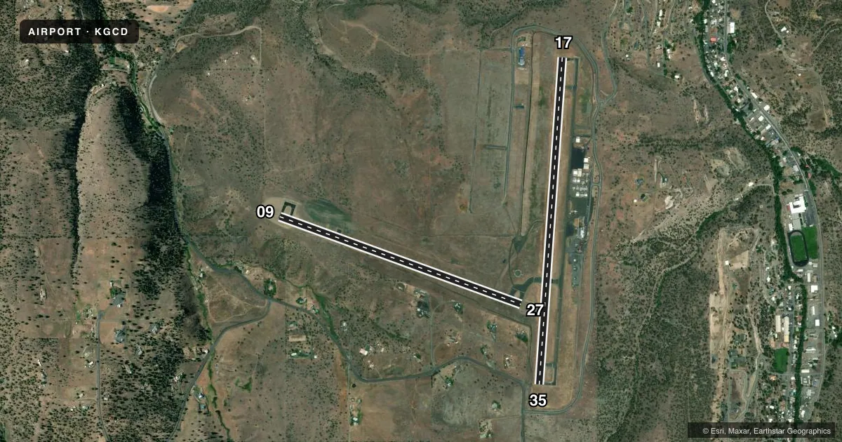 Top-down satellite sketch of KGCD GRANT COUNTY RGNL/OGILVIE FLD in JOHN DAY, OREGON, showing runways 17/35, 09/27 drawn to scale over Esri World Imagery