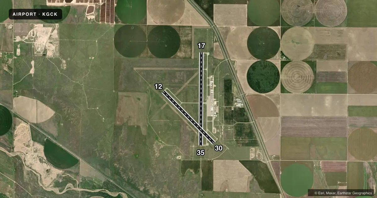 Top-down satellite sketch of KGCK GARDEN CITY RGNL in GARDEN CITY, KANSAS, showing runways 17/35, 12/30 drawn to scale over Esri World Imagery