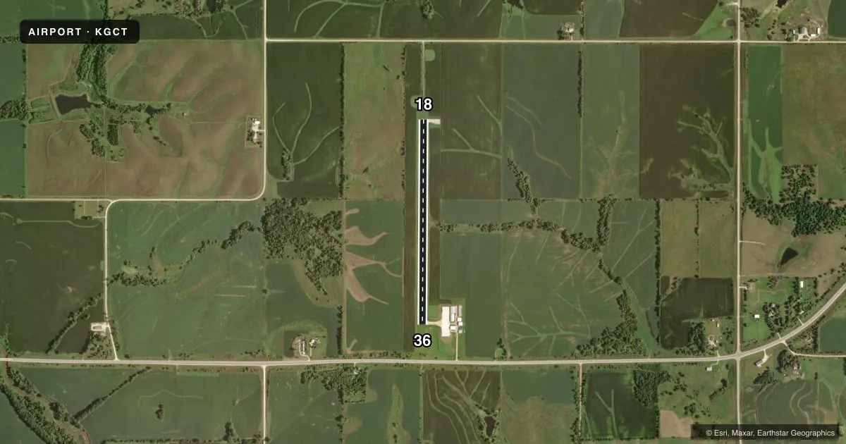Top-down satellite sketch of KGCT GUTHRIE COUNTY RGNL in GUTHRIE CENTER, IOWA, showing runways 18/36 drawn to scale over Esri World Imagery