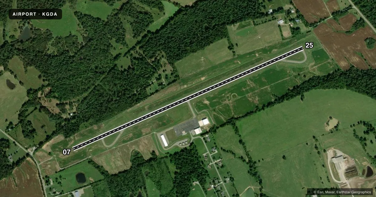 Top-down satellite sketch of KGDA MARION-CRITTENDEN COUNTY JAMES C JOHNSON RGNL in MARION, KENTUCKY, showing runways 07/25 drawn to scale over Esri World Imagery