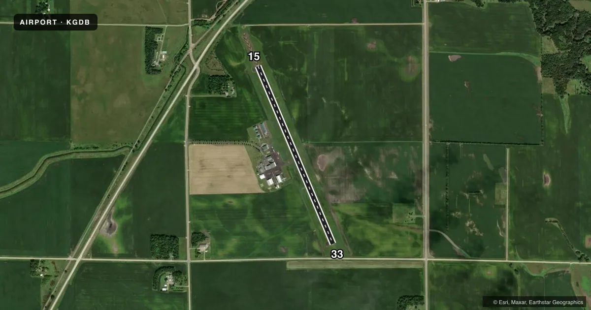 Top-down satellite sketch of KGDB GRANITE FALLS MUNI/LENZEN-ROE-FAGEN MEML FLD in GRANITE FALLS, MINNESOTA, showing runways 15/33 drawn to scale over Esri World Imagery