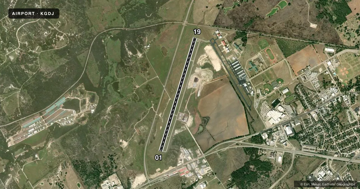 Top-down satellite sketch of KGDJ GRANBURY RGNL in GRANBURY, TEXAS, showing runways 01/19 drawn to scale over Esri World Imagery