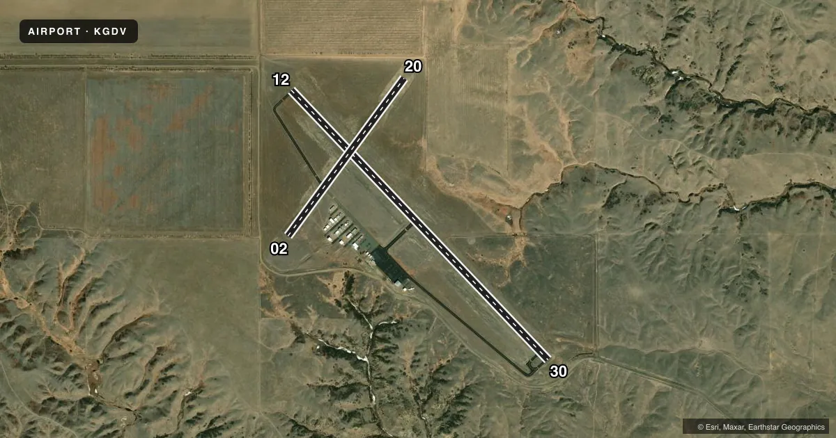 Top-down satellite sketch of KGDV DAWSON COMMUNITY in GLENDIVE, MONTANA, showing runways 12/30, 02/20 drawn to scale over Esri World Imagery