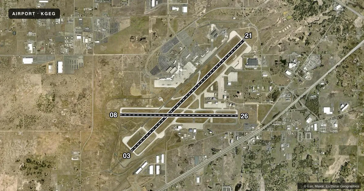 Top-down satellite sketch of KGEG SPOKANE INTL in SPOKANE, WASHINGTON, showing runways 03/21, 08/26 drawn to scale over Esri World Imagery